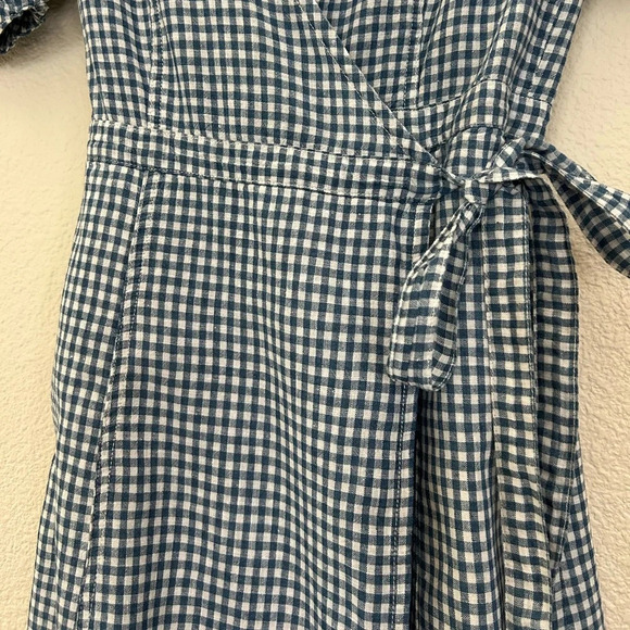 Madewell Gingham Shirred -Sleeve Wrap Dress in Blue & White Size XXS linen blend - Picture 12 of 15